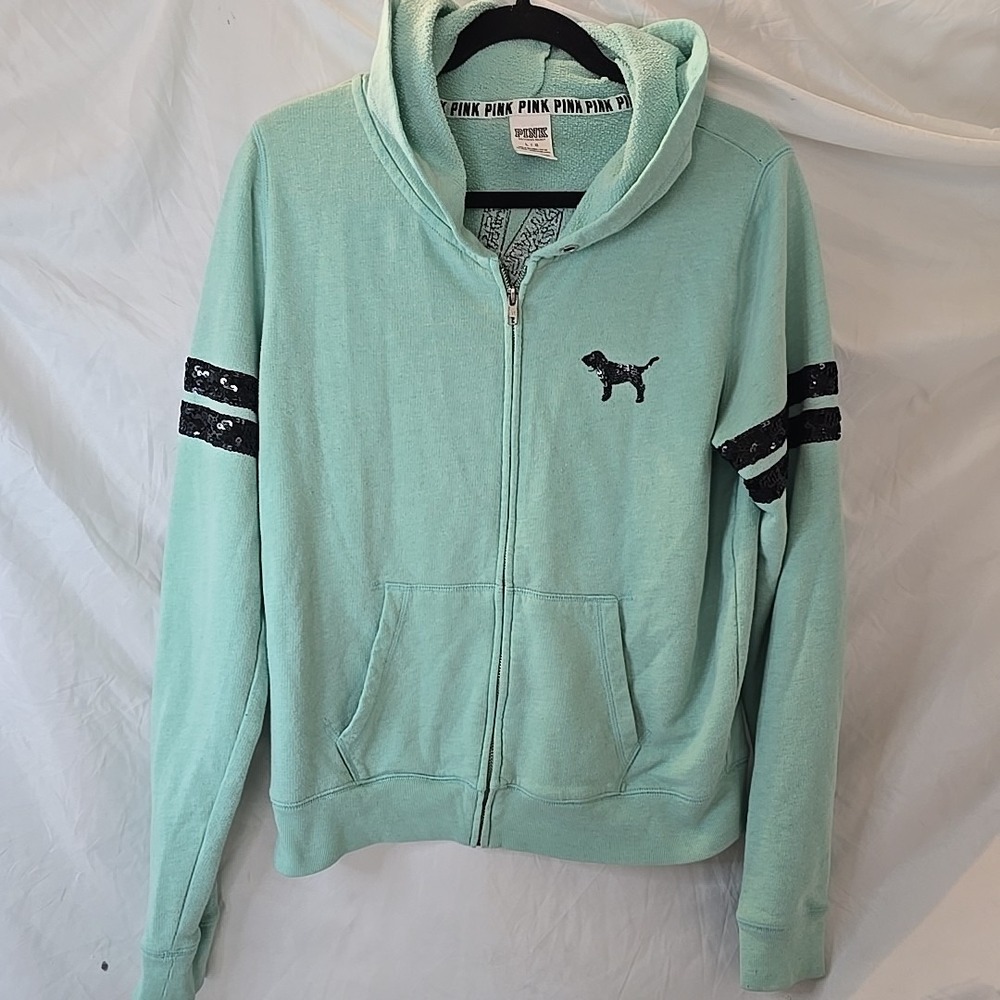 Victoria's Secret Pink Sequin Bling Perfect Zip‎ Hoodie Aqua Sz L Y2K 90s Vibes